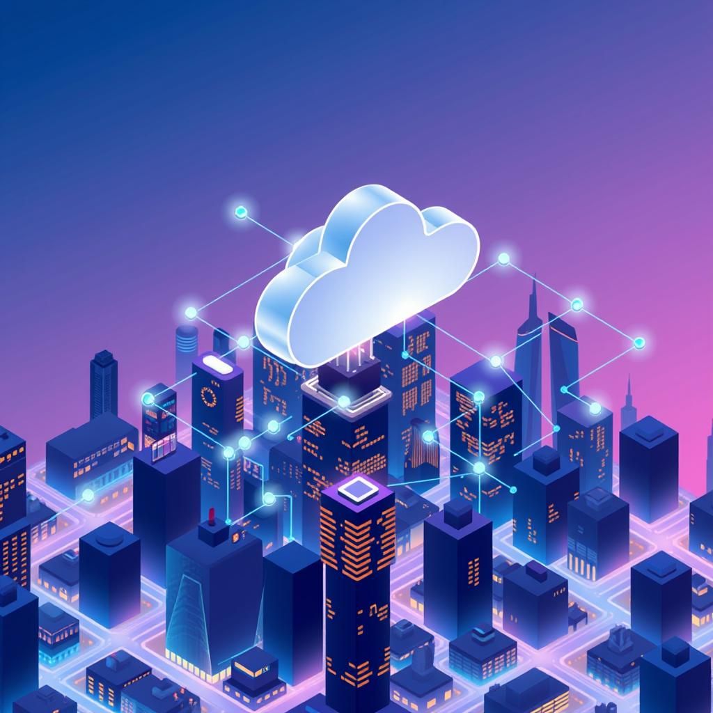 An abstract visualization of cloud computing — glowing interconnected nodes and data streams above a city at dusk