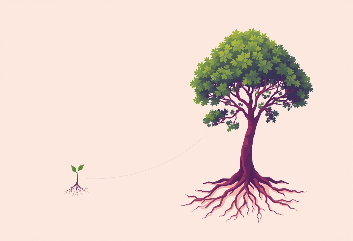A small seedling on the left growing into a large, deep-rooted tree on the right, illustrating how content compounds over time