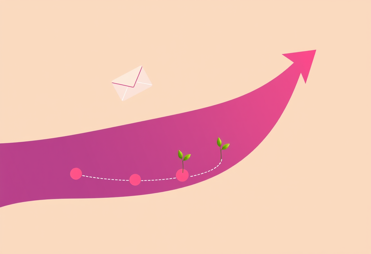 A single email traveling along an upward path, passing through stages that sprout and grow — the compounding effect of a well-built lifecycle automation