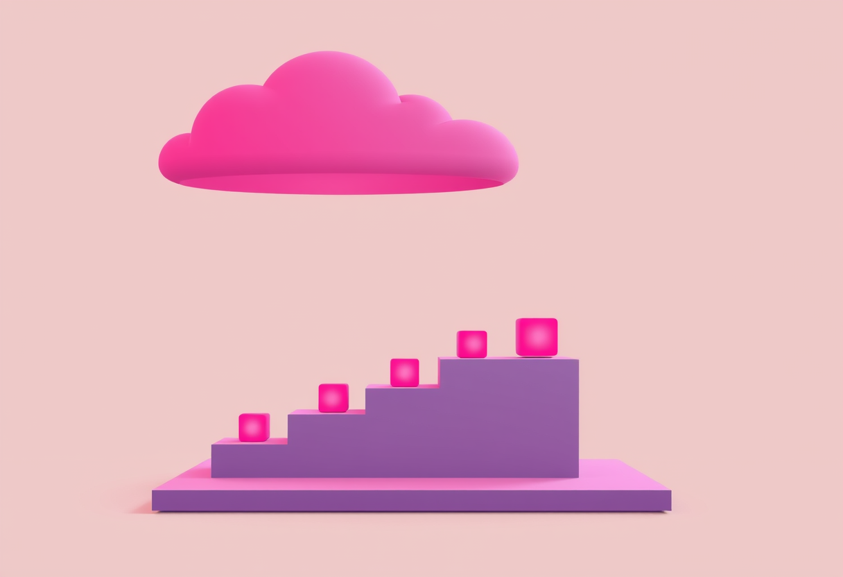 Workloads shown as small blocks rising in orderly steps from a solid platform up toward a cloud, a metaphor for migrating in staged waves rather than one big leap
