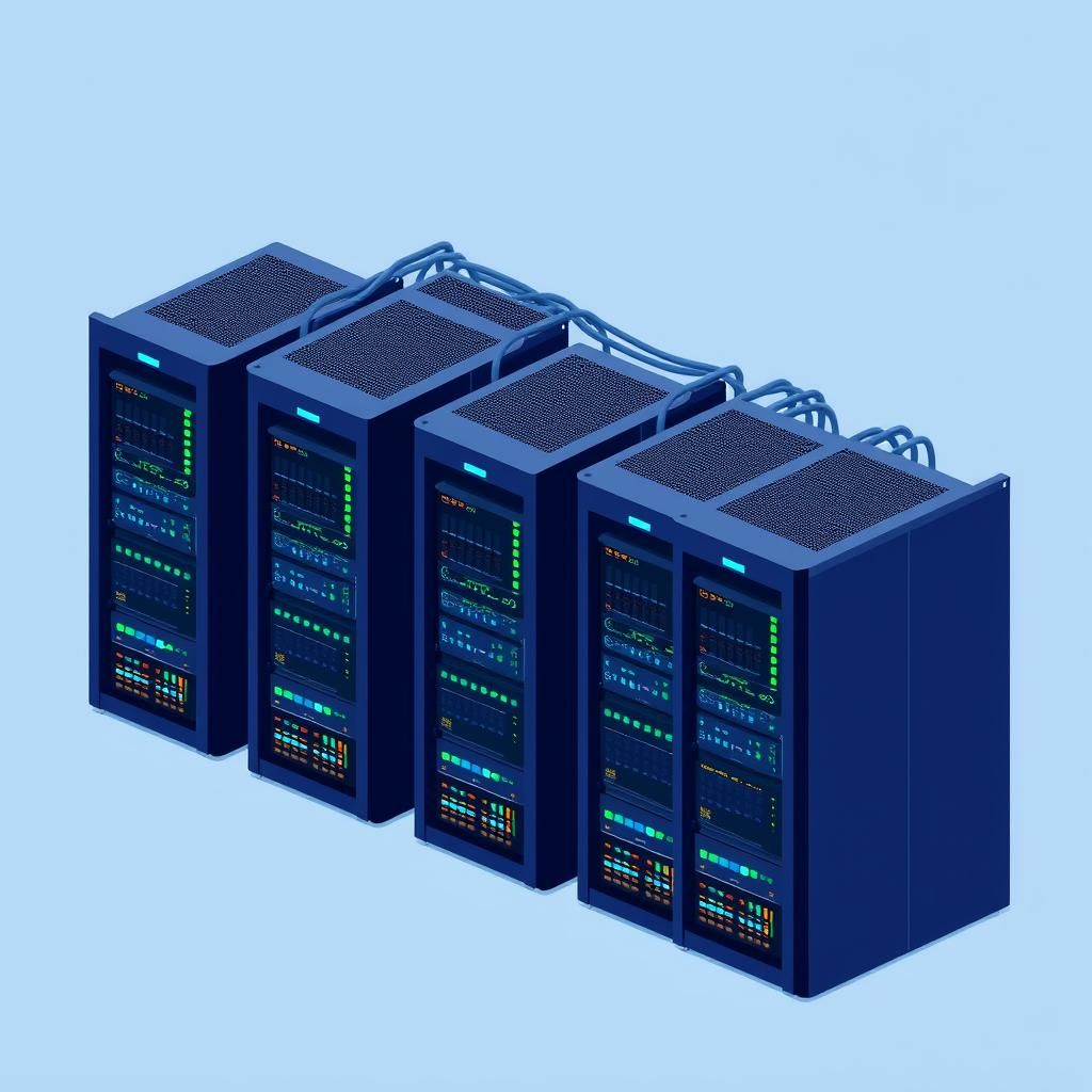 Rows of black server racks with neat cabling and blue status lights inside a private on-premise data center