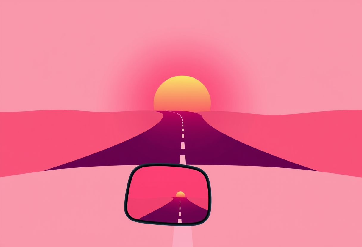 A road curving forward toward a bright sunrise horizon, with a rear-view mirror in the foreground reflecting the darker road already travelled