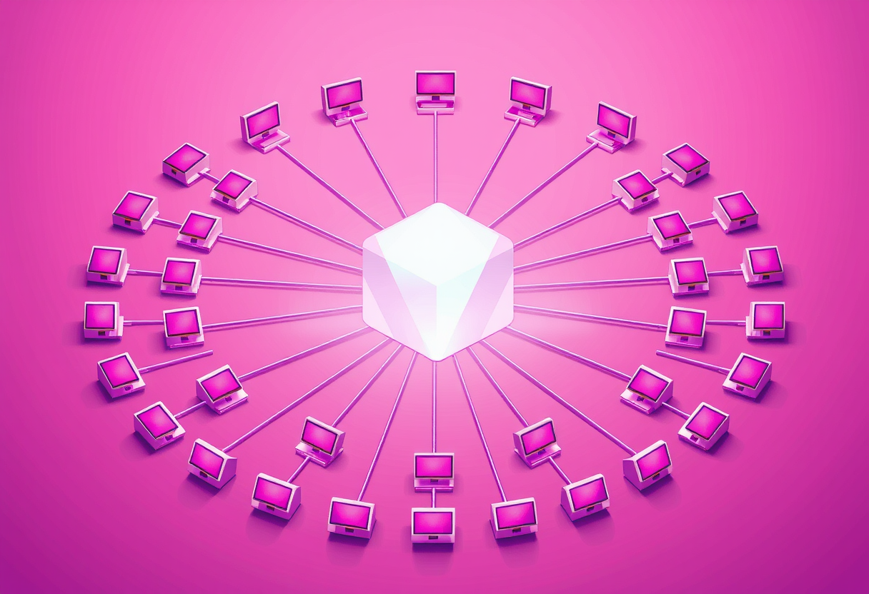 A single central data core connected by clean, uniform channels to many identical workstations arranged in a ring around it — one shared definition feeding everyone