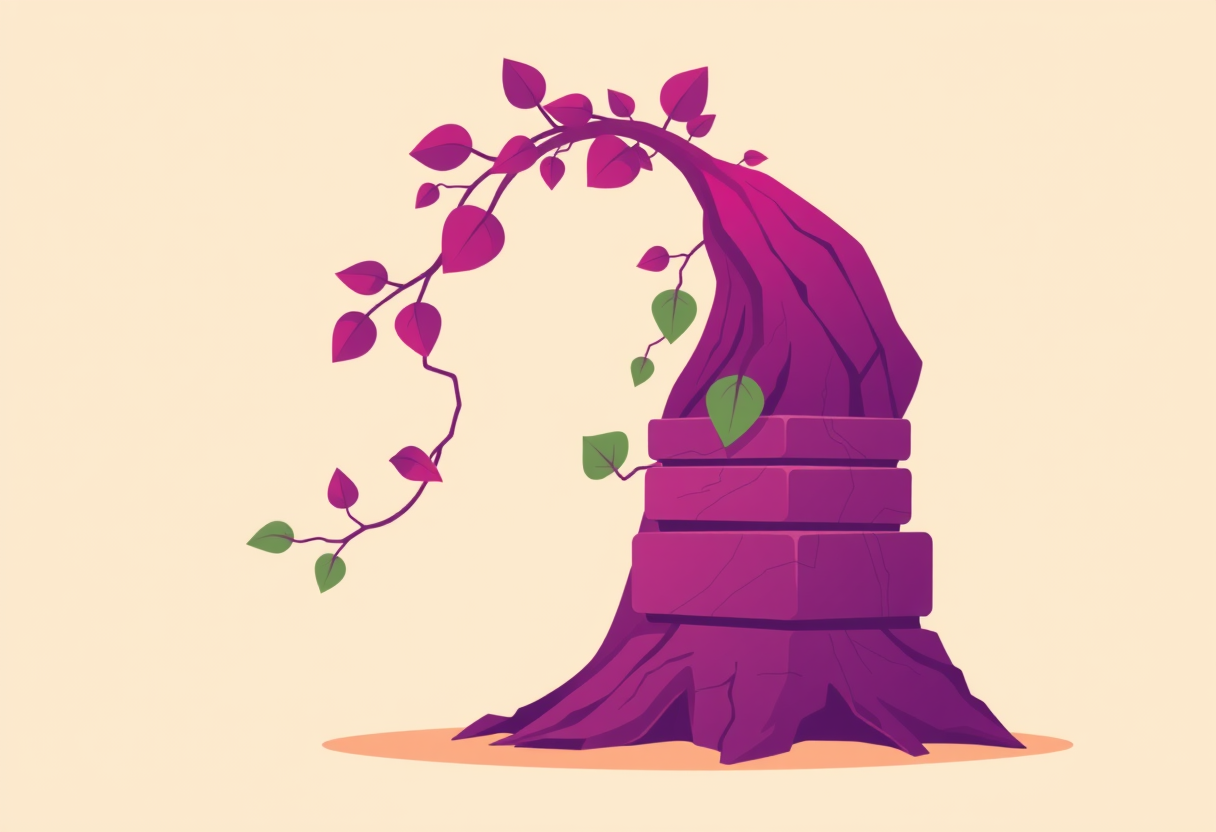 A young vine with fresh leaves growing up and around an old weathered stack, gradually enveloping and replacing it — the strangler fig as a metaphor for incremental modernization