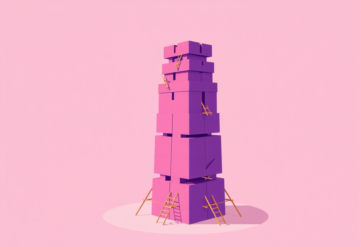 An abstract tower of stacked blocks, solid near the top but cracked and propped up with thin supports and ladders toward the base, leaning under hidden strain